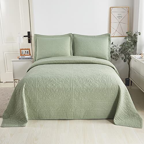 WINLIFE 100% Cotton Quilt Set Full/Queen Sage Green 98x90 Inch Embroidery Floral Coverlets Bedspread Sets Lightweight All Season Bedding Set Quilts with 2 Pillow Shams, Sage Green, Queen