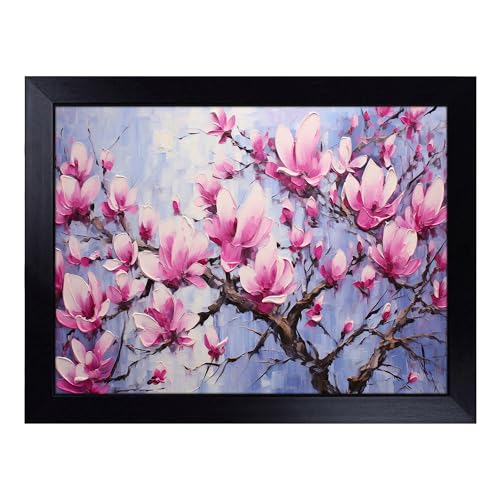Lap Tray with Bean Bag Cushion, Magnolia Flower Action - Handmade in the UK, Raised Wooden Edge, Padded Cushion, Heat-Resistant Wipe-Clean Surface, for Meals, Laptops and Crafts