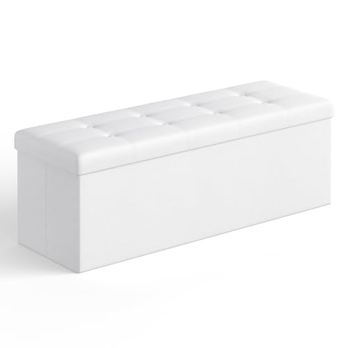 SONGMICS Storage Ottoman, Foldable Small Ottoman Foot Rest, 38 x 110 x 38 cm, Cube Ottoman with Storage, Load up to 300 kg, for Living Room, Bedroom, Entryway, Cloud White LSF89WT