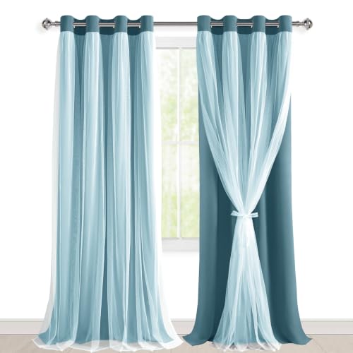Hiasan Mix & Match Blackout Curtains with Sheer Overlay, Double Layer Thermal Insulated Privacy Grommet Window Curtains for Girls Bedroom,Living Room,2 Drape Panels with Tiebacks,Stone Blue,52W X 96L