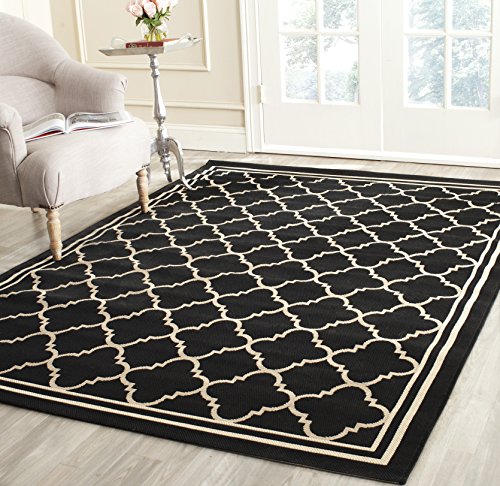 SAFAVIEH Geometric Rug for Living Room, Dining Room, Bedroom - Waterproof - Courtyard Collection, Short Pile, in Black and Beige, 79 X 152 cm