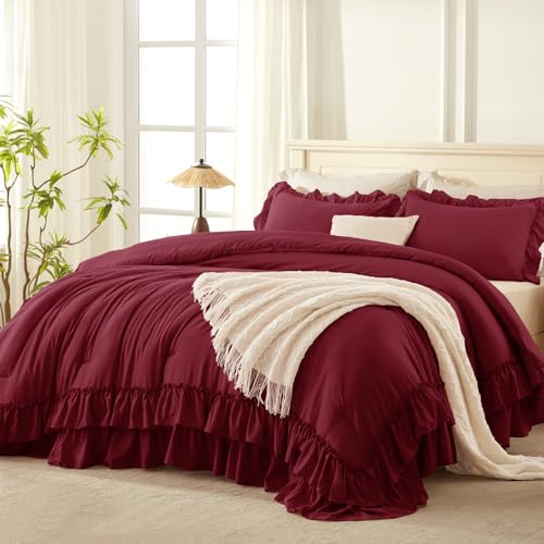 Andency Burgundy Ruffle Super King Comforter Set, 3 Pieces - Shabby Chic Farmhouse, Lightweight Soft Oversized King Comforter, 120x120 inch for Girls Women (1 Comforter 2 Pillowcases)