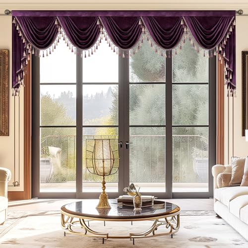 VOGOL European Style Kitchen Curtains Valance, Super Soft Velvet Waterfall Valances Swag Drapes for Living Room, Dark Purple Solid Window Treatment Home Decor, W138, 1 Piece