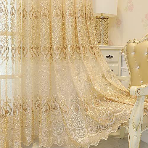 Amidoudou 1 Pair European Jacquard Sheer Curtains Embroidered Tulle Curtains Living Room Bedroom Luxury Translucent Window screening (Gold,51x102 Inch)