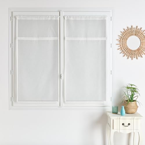 Homemaison Qabane Pair of Sheer Curtains with Macrame Tape - Polyester Muslin - Plain Pattern - Handmade Macrame Ribbon - Scandinavian Modern Bohemian Style - Size 2 x 60 x 160 cm - Off-White