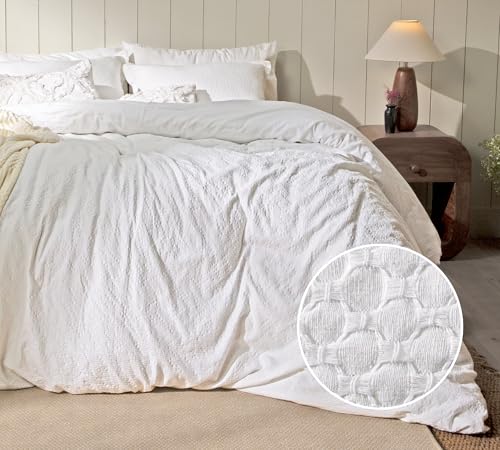 Ruvanti 100% Cotton Waffle Duvet Cover Queen Size Set, 3 Pieces, Coconut White Circle, Ultra Soft Pre-Washed Bedding, Breathable Comforter Cover Set 8 Corner Ties, Button Closure
