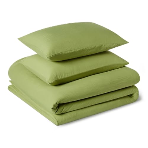 Amazon Basics 3-Piece Brushed Microfibre Double Duvet Set, Extra Soft Bedding, Relaxed Lived-In Look with Natural Creases, No Ironing Required, Duvet Cover 200x200 cm & 2 Pillowcases 50x80 cm, Green