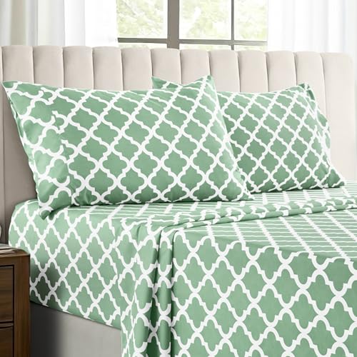 Lux Decor Queen Sheet Set, 4-Pc, Breathable Hotel Style Sheets, Microfiber Sheets Deep Pockets, Easy-Fit, Soft & Wrinkle Free Oeko-Tex Quatrefoil Bed Sheets (Queen, Sage)