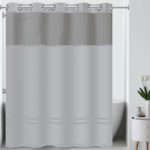 "Hookless It's A Snap! Escape Shower Curtain, 3-in-1 Shower Curtain Includes Fabric Shower Curtain with Sheer Top Window, Flex-On Rings & Fabric Liner, 71"" x 74"", Grey"