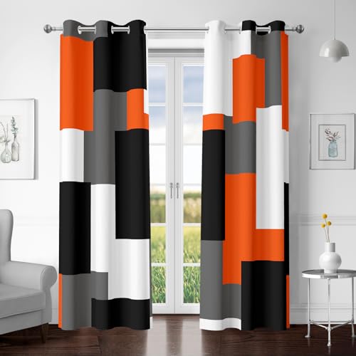 Tyrot Orange 100% Blackout Curtains for Bedroom 84 inch Length 2 Panels Set White Grey Modern Abstract Geometric Black Out Curtains Insulated Room Darkening Window Drapes for Living Room, 42Wx84L