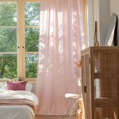 "Sutuo Home Pink Boho Curtains 84 inches Long for Bedroom Living Room Home Office, Farmhouse Light Filtering Privacy Hollow Chic Tassels Window Treatment Bohemian Drape,Rod Pocket,1 Panel 52"" W x 84"" L"