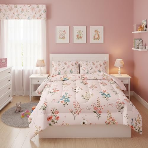 QOOMO Floral Comforter Twin Size,Pink Floral Kids Comforter Set,3Pcs Bedding Set Printed Comforter with 2 Pillowcases,Down Alternative,Soft and Lightweight,for All Seasons