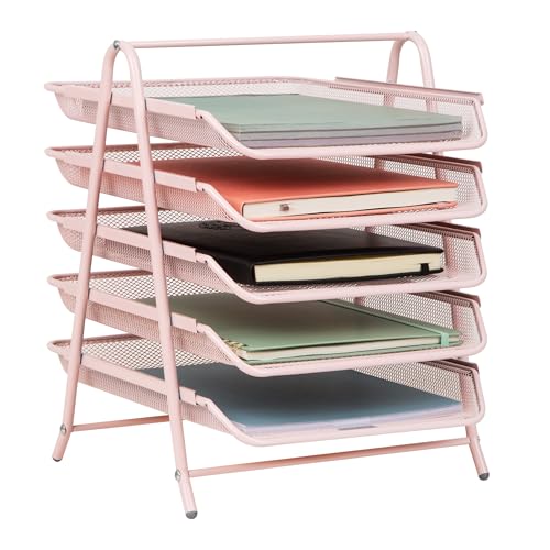 "Mind Reader 5-Tier Paper Tray, Desktop Organizer, File Storage, Workspace, Office, Metal Mesh, 11.75"" L x 14"" W x 15"" H, Pink"