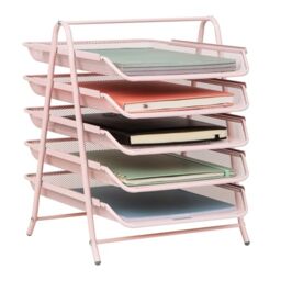 "Mind Reader 5-Tier Paper Tray, Desktop Organizer, File Storage, Workspace, Office, Metal Mesh, 11.75"" L x 14"" W x 15"" H, Pink"