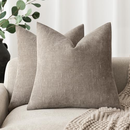 Foindtower Set of 2 Soft Textured Chenille Throw Decorative Pillow Covers Square Accent Solid Cushion Cover Cozy Neutral Farmhouse Pillow Case for Couch Sofa Bedroom Living Room 24x24 Inch,Light Taupe
