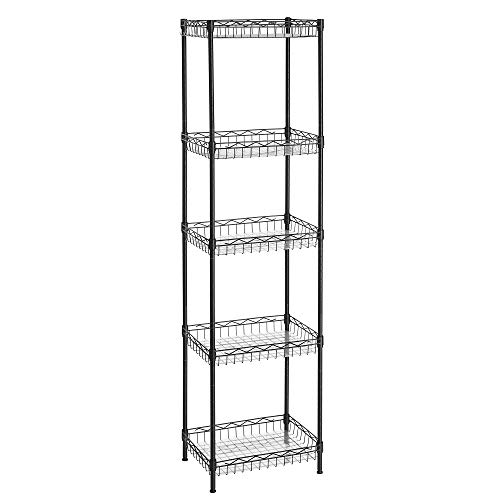 SONGMICS Metal Storage Shelf, Wire Basket Shelving Unit, Kitchen Storage Rack, 4 Hooks, PP Sheets, Adjustable Shelves, Total Load Capacity 100 kg, for Bathroom, Pantry, Small Spaces, Black LGR105B01