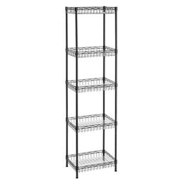 SONGMICS Metal Storage Shelf, Wire Basket Shelving Unit, Kitchen Storage Rack, 4 Hooks, PP Sheets, Adjustable Shelves, Total Load Capacity 100 kg, for Bathroom, Pantry, Small Spaces, Black LGR105B01