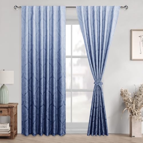 DWCN Navy Ombre Curtains for Bedroom 84 inches Length - Back Tab Ombre Damask Design Thermal Insulted Window Drapes with Tiebacks Blackout Curtains for Living Room, 2 Panels, W52 x L84, Navy