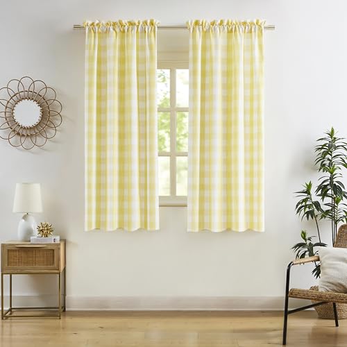 "Bapawfish 72 Inch Yellow White Semi Sheer Curtains,Buffalo Plaid Cottage Drapes for Bedroom Living Room,Farmhouse Window Treatment,Rod Pocket,Yellow/White,40"" Wx72 L(Pack of 2)"