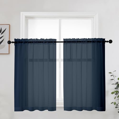 OWENIE Blue Sheer Curtains 36 Inches 2 Panels Set - Kitchen Tiers Valances Curtains Light Filter Rod Pocket Voile Cafe Curtains for Kitchen Bathroom Small Half Window, 42 in W x 36 in L, Navy