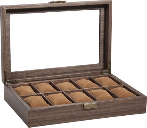 Uten Watch Box 10 Slots, Watch Case with Glass Lid, Wood Grain PU Leather Watch Display Storage Box with Removable Imitation Suede Watch Pillows, Metal Clasp, Gift Idea for Men and Women