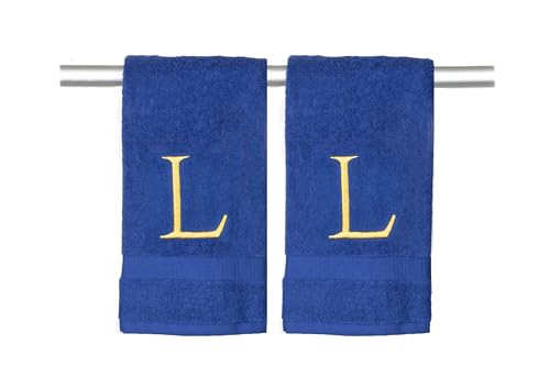 Navy with Gold Monogrammed Hand Towels for Bathroom - Set of 2 Letter L - Luxury Hotel Quality Initial Towels For Powder Room, Spa, GOTS Organic Certified