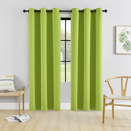 HUTO Blackout Curatins Window Drapes for Bedroom Living Room - Antique Copper Grommet Room Darkening Thermal Insulated Privacy Protect Draperies Curtains, Set of 2, Fresh Green, 42W x 84L