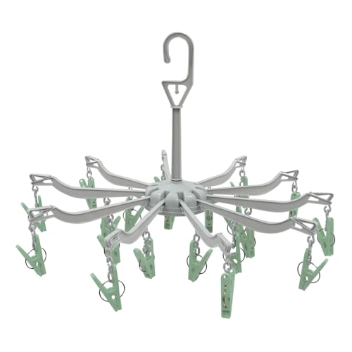 JVL 10 Arm Sock Dryer with 20 Pegs ??? Hanging Laundry Drying Rack ??? Light Grey Frame with Green Clips ??? Indoor & Outdoor Airer