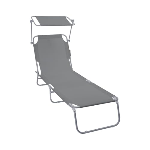 VOUNOT® Folding Sun Lounger with Adjustable Backrest & Sunshade, 4-Position Reclining Sun Bed, Portable Outdoor Garden Chair, Max Load 120kg, Grey