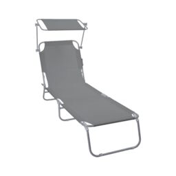 VOUNOT® Folding Sun Lounger with Adjustable Backrest & Sunshade, 4-Position Reclining Sun Bed, Portable Outdoor Garden Chair, Max Load 120kg, Grey