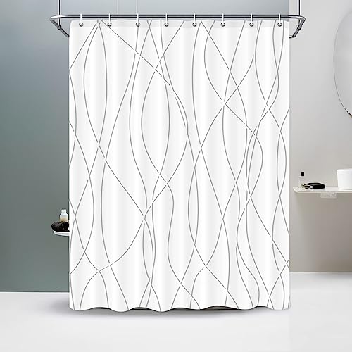 "Punkray Striped Shower Curtain with Hooks, Weighted Hem Shower Curtains Water Repellent Machine Washable, Grey Shadow, 60"" W x 72"" L"