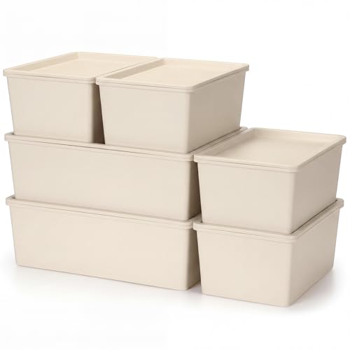 Menkxi 6 Pcs Plastic Storage Bins with Lids Stackable Storage Containers Durable Box Baskets for Organizing Shelves Playroom Classroom Office(White,Large and Small)