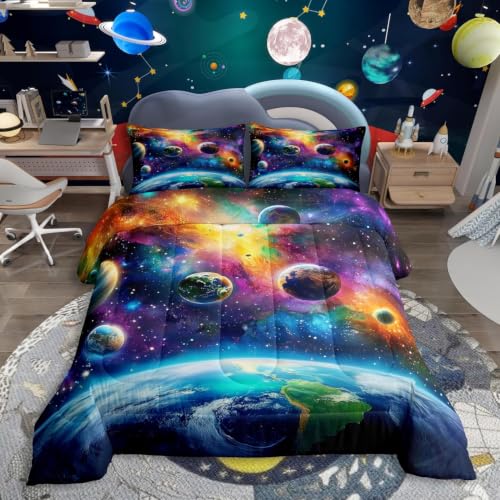 Feelyou Universe Galaxy Comforter Set Queen Size Kids Planets Earth Bedding Set Boy Girl Teen Solar System Comforter Breathable Outer Space Duvet Set Nebula Quilt Set