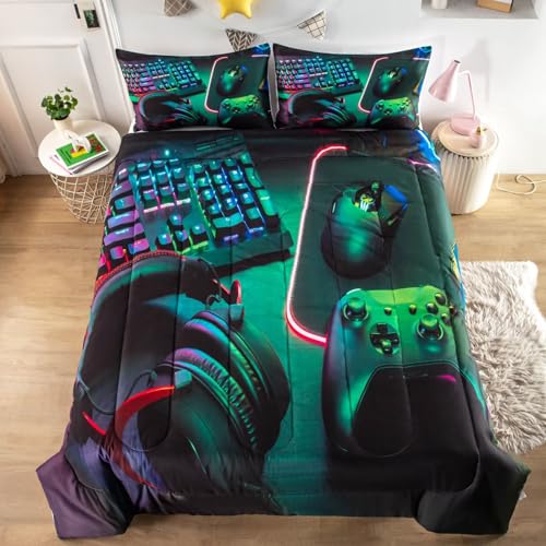 GRAT TIOC Gamer Comforter Sets for Teen Boys,Gaming Bedding Sets Full,Video Game Bedspread,Game Gamepad Bed Set,Controller Bedding Gamer Home Decor 3 Piece