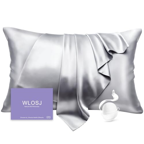 WLOSJ 100% Silk Pillow Cases Queen Size Mulberry Silk Pillowcase for Hair and Skin 22 Momme Highest Grade 6A Silk Cooling Soft Smooth with Zipper 20 x 30 Inches 1PC, Grey