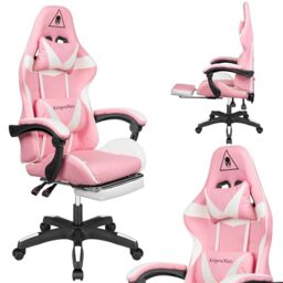 Krüger&Matz Warrior GX-150 KM0790-P gaming chair with retractable footrest, adjustable lumbar support, eco-leather, rubber wheels, white-pink
