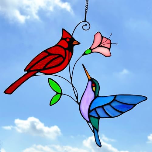 Lcensp Stained Glass Red Cardinal with Hummingbird Suncatcher Window Hanging Ornament, Stain Glass Birds Sun Catchers for Window Decor,Red Cardinal Hummingbird Gifts for Women, Mom, Birds Lovers
