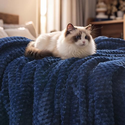 "PHF Ultra Soft Flannel Fleece Blanket King Size, Lightweight 3D Jacquard Fleece Blanket, No Shedding, No Pilling, Luxury 340GSM Aesthetic Fluffy Cozy for Bed Room Decor, 108""x90"", Navy Blue"
