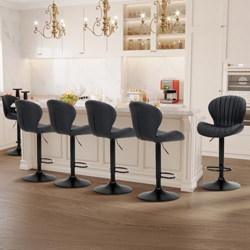 COLAMY Breakfast Bar Stools Set of 6, Modern Swivel Kitchen Bar Chairs, Adjustable PU Leather Upholstered Barstools Counter Height with High Backrest for Kitchen Island, Dining Room, Black