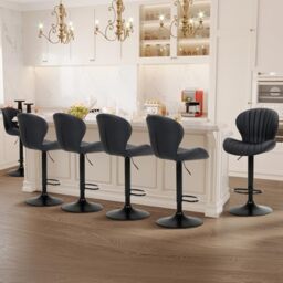 COLAMY Breakfast Bar Stools Set of 6, Modern Swivel Kitchen Bar Chairs, Adjustable PU Leather Upholstered Barstools Counter Height with High Backrest for Kitchen Island, Dining Room, Black