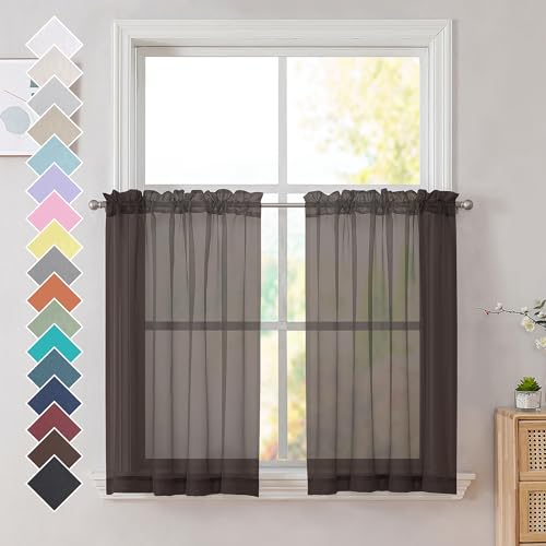 "OVZME Brown Sheer Curtains 36 inches Long, Short Kitchen Window Treatment Solid Sheers Cafe Curtains Tiers Voile Half Window Curtains 2 Panels for Kitchen Room Laundry, Rod Pocket, 42"" Wx36 L"