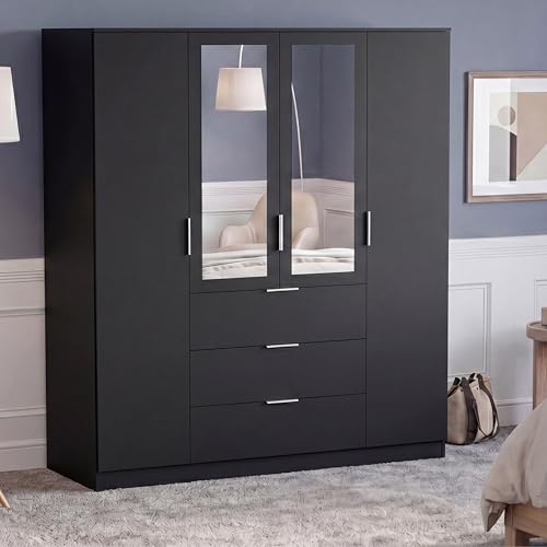 Vida Designs Trega 4 Door 3 Drawer Mirrored Wardrobe - Black - Bedroom Furniture - 175H x 154W x 54D cm - With Storage Shelf & Hanging Rail - Large Capacity Storage