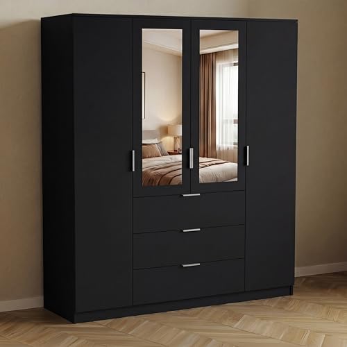Vida Designs Trega 4 Door 3 Drawer Mirrored Wardrobe - Black - Bedroom Furniture - 175H x 154W x 54D cm - With Storage Shelf & Hanging Rail - Large Capacity Storage