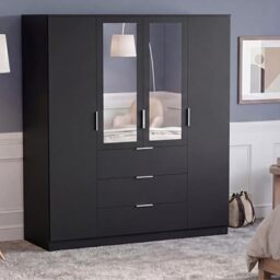 Vida Designs Trega 4 Door 3 Drawer Mirrored Wardrobe - Black - Bedroom Furniture - 175H x 154W x 54D cm - With Storage Shelf & Hanging Rail - Large Capacity Storage