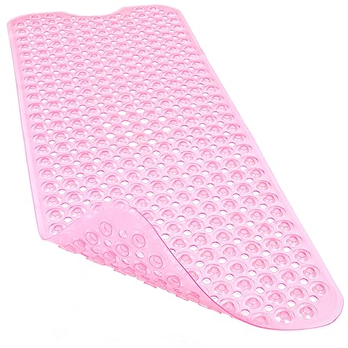 Linoows Bathtub and Shower Mats, Extra Long Non Slip Bath Mat 40 x 16 Inch, Bath Tub Mat with Suction Cups and Drain Holes for Bathroom, Machine Washable Soft Shower Floor Mat, Clear Pink