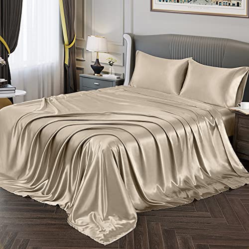 Vonty Satin Sheets Silky Satin Sheet Set, Deep Pocket Fitted Sheet + Flat Sheet + Pillowcase Bedding Set (California King, Taupe)