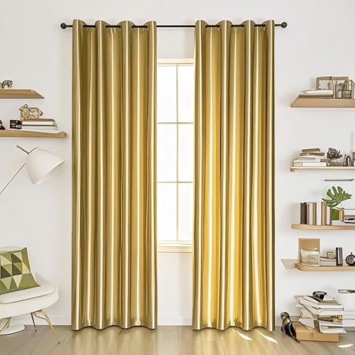 MYRU 1 Pair Semi-Blackout Gold Curtains for Living Room Bedroom Grommet Top Golden Curtains for Windows (Shiny Gold, 2 x 52 x 96 Inch)