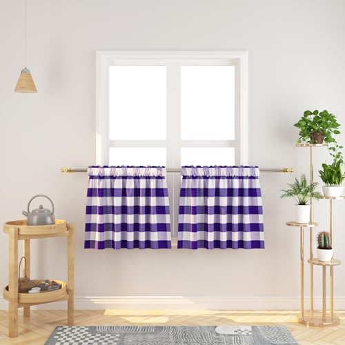 Window Curtain Valances 16 inches Long 2 Panels Buffalo Check Small Mini Short Half Window Curtain Cafe Bathroom Rod Pocket Classic Country Farmhouse Kitchen Tier Curtains - Purple & White