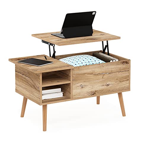 Furinno Wooden Leg Lift Top Coffee Table with Hidden Compartment and Side Open Storage Shelf for Living Room, Engineered Wood, Oak, 45 (D) x 89.9 (W) x 46.2 (H) cm