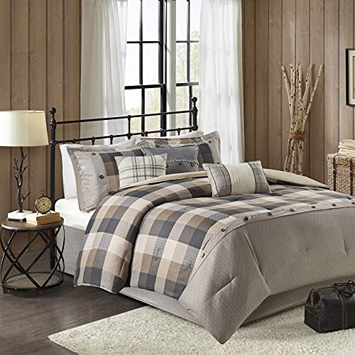 "Madison Park Ridge Comforter Set - Cabin Lodge Plaid Herringbone Design, All Season Down Alternative Cozy Bedding with Matching Bedskirt, Shams, Decorative Pillow, Cal King(104""x92""), Neutral 7 Piece"